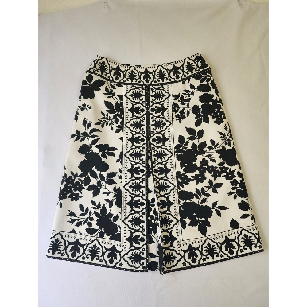 Silk Land Womens Black White Floral Damask Print A-Line Skirt Size 6 Knee Length